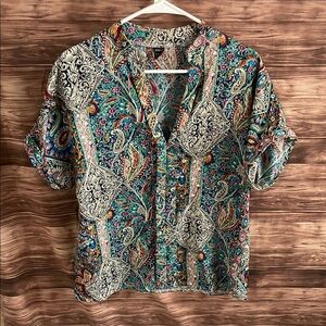 SHEIN Blue and Green Blouse with Vibrant Paisley Pattern